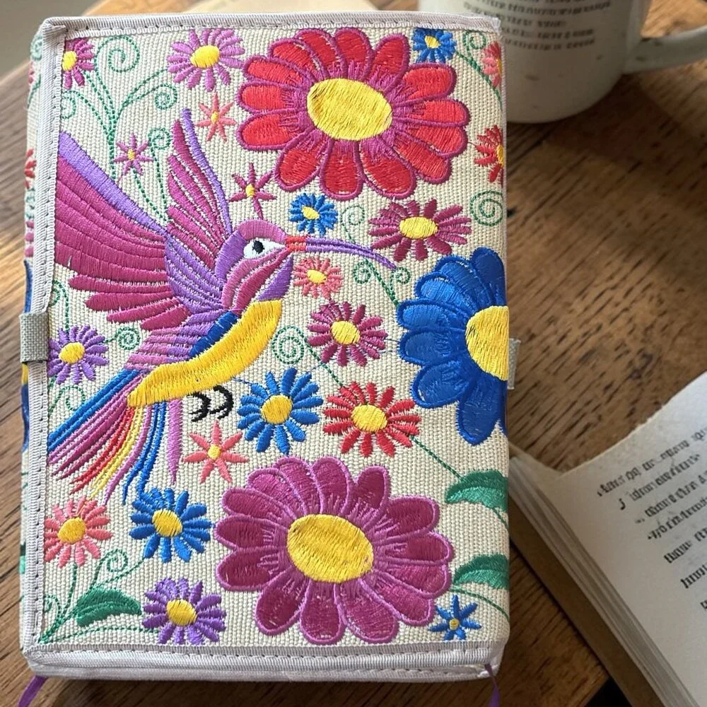 Mexicana Embroidered Tan with Pink & Yellow Bird & Flower Notebook with Pen- New